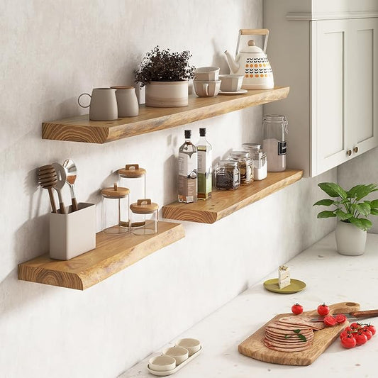 Venusmiles Live Edge Elm Floating Shelves for Wall Decor, Rustic Solid Wood Shevles Wall Mounted with Invisible Bracket for Living Room Bathroom Bedroom Kitchen, 22.5 Inch Set of 2, Natural