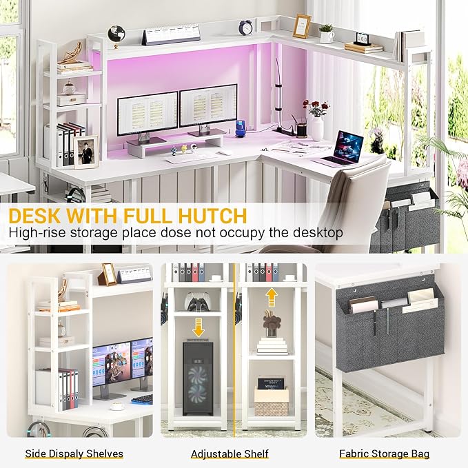 Aheaplus L Shaped Desk with Power Outlet, L Shaped Gaming Desk with Led Light & Hutch, Reversible Home Office Desk, Corner Computer Desk Writing Desk with Monitor Stand & Storage Shelves, White