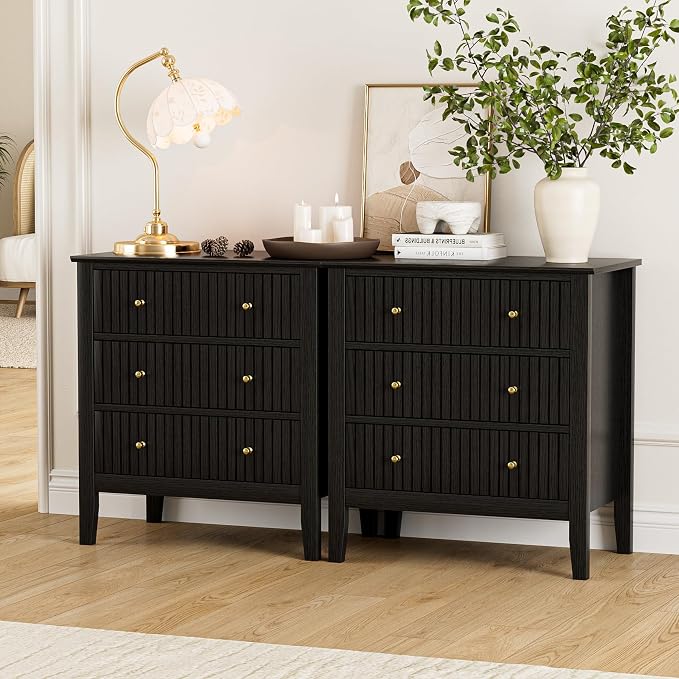 Night Stand, Fluted 3 Drawer Wide Farmhouse Nightstand with Gold Handle, Modern Wooden Bedside End Table for Bedroom, Living Room, Black