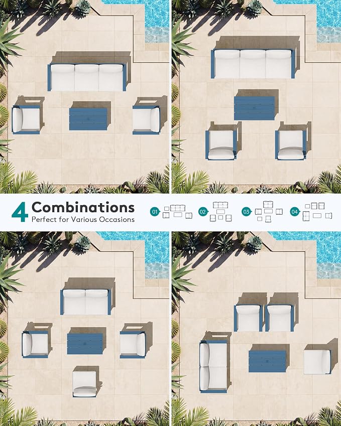 SERWALL HDPE Patio Conversation Set, 6-piece Sectional Outdoor Furniture Set, All Weather Outdoor Couch Set Patio Furniture Set for Deck, Lawn, Blue Frame with Beige Cushion