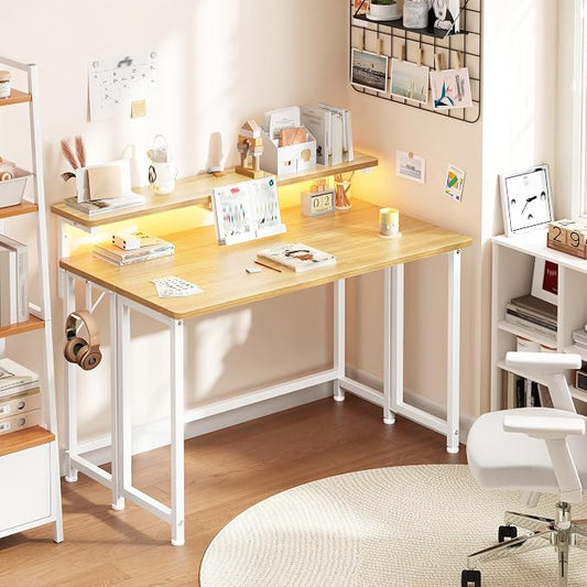 DurayLoly Folding Table with RGB Light for Small Space, 39.4" Folding Computer Desk for Space Saving Sofa Table for Couch, Home Work Office Desk with Monitor Stand, Easy to Fold with Hooks,Oak