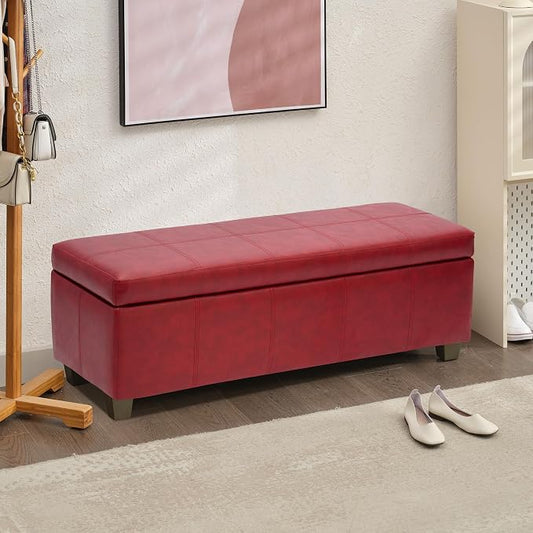 51 Inch Storage Ottoman, Storage Bench with Safety Hinge, Upholstered Synthetic Leather Ottoman Bench for Bedroom, Living Room, Entryway, Hallway, Foot Rest, Support 500lbs