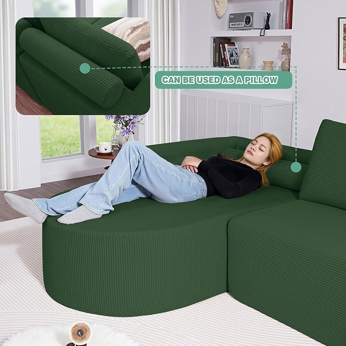 104.92" L-Shaped Corduroy 3 Piece Sofa Set with Single Lounge Chair & Ottoman, Modular Compressed All Foam Couch, Freely Movable Footrest, Minimalist Large Living Room Furniture