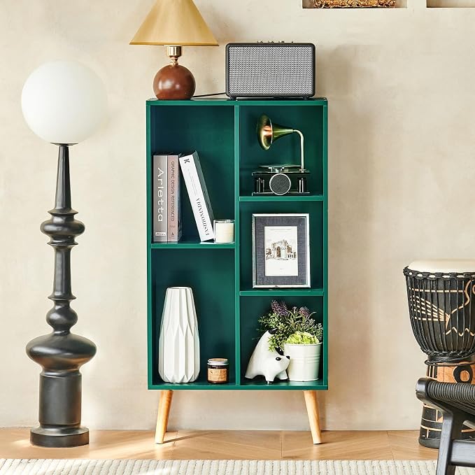 LEYAOYAO 5 Cube Bookshelf 3-Tier Bookcase with Legs,Mint Dark Green Kids Book Shelf Cute Storage Organizer,Free Standing Open Toy Shelves Wood Bookshelves,Display Bookcases for Bedroom,Living Room