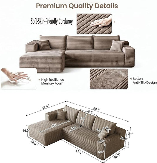 JINGLING 94" L Shape Couch with Left Chaise, Memory Foam Boneless Sectional Sofa in a Box, No Assembly Modular Small Couches for Small Spaces, Living Room, Apartments, Plush Corduroy, Camel