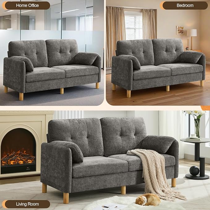 WUTUTUEE 65" Chenille Modern Loveseat Sofa, Upholstered 2-Seater Love Seat Couch with Armrest Pillows, Storage Pockets, Easy Assembly, Tufted Loveseat Couches for Living Room Bedroom, Light Grey