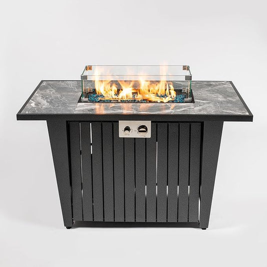 42" Propane Gas Fire Pit Table 50000 BTU Rectangular Outdoor Fire Pit with Marble Tile Tabletop Glass Wind Guard, Steel Patio Fire Table & Lid, Blue Glass Beads & Rain Cover for Backyard Garden, Gray