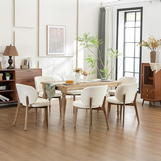 YOUNIKE Dining Chairs Set of 6 Modern Kitchen Dining Room Chairs Beige | Chenille Fabric Upholstered Armless Side Accent Chair with Back Wide Padded Seat Wooden Leg, Soft, Breathable, Comfortable