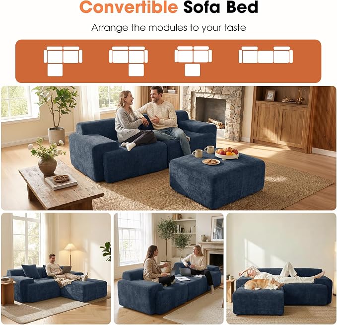 83.5" Boneless Loveseat with Ottoman, 30" Deep Seat Modular Sofa, Cloud Comfy Couches for Living Room, Apartment, Bedroom, No Assembly Required (Blue)