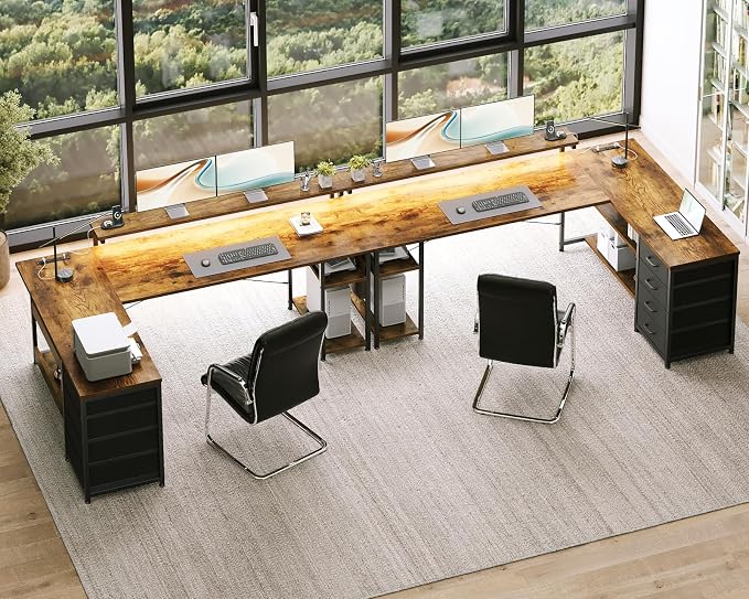 AODK 61" L Shaped Desk with Drawer, Computer Desk with Power Outlets & LED Lights, Reversible Corner Gaming Desks for Home Office Workstation, Office Table with Monitor Shelf, Vintage
