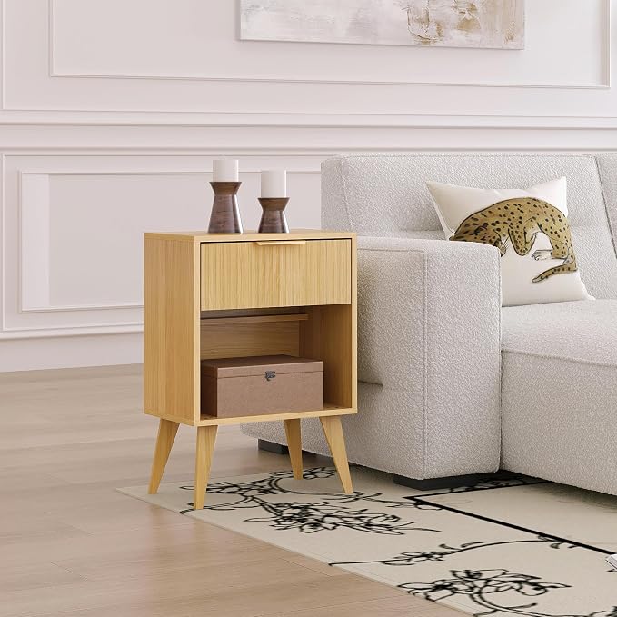 YAUKOMEL Fluted Night Stand with Opening Storage,Mid Century Bedside Table with Drawer,Wood Nightstand with Solid Wood Legs,End Table Side Table for Living Room,Bedroom,Natural CTG56Y