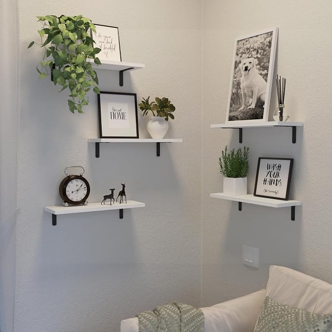 DOLLFIO Floating Shelves, 5 Sets Wall Shelves, Wooden Floating Shelves for Bedroom Wall Décor, Wall Mounted Floating Bathroom Shelf for Storage, Floating Book Shelf, Living Room – White