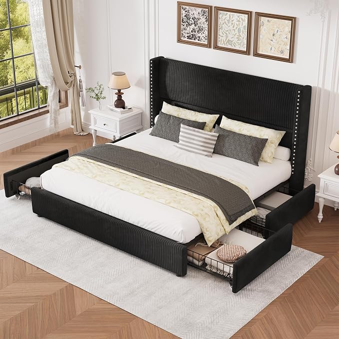 LARMACE Queen Size Bed Frame with 4 Storage Drawers Corduroy Bed Upholstered Platform Bed Frame with 48" Tall Headboard, Solid Wood Leg/No Box Spring Needed/Noise Free, Black