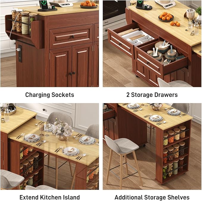 80"-48" Extendable Kitchen Island with Extended Dining Table and Power Outlet,Large Mobile Kitchen Storage Islands with 2 Storage Drawers,Rolling Islands Cart with 3 Extra Rows Open Shelves(Brown)