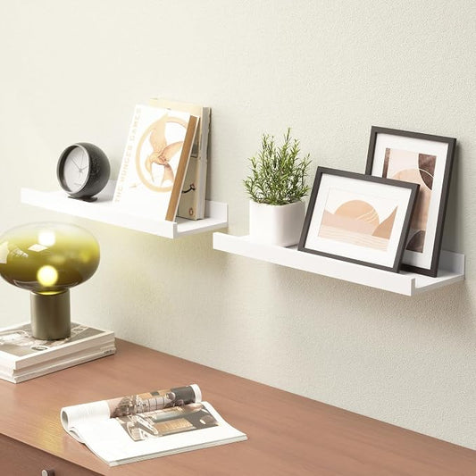 Boswillon Floating Shelves Wall Mounted Set of 2, Modern White Shelves for Bedroom, Nursery Shelves with Lip, Display Picture Ledge Shelf for Wall Decor Living Room Bathroom Kitchen - White