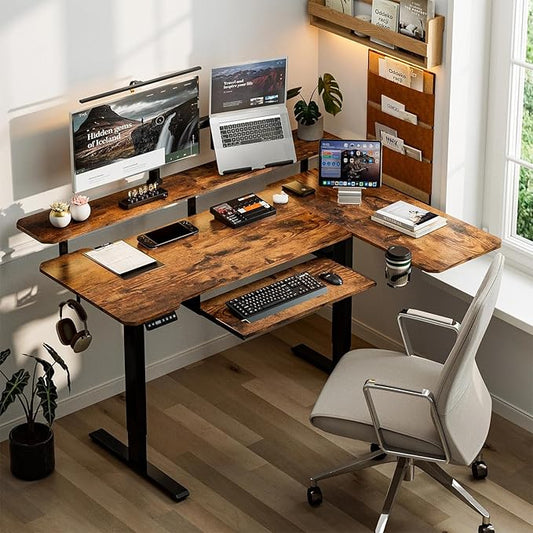 Acrolix 59 Inch L Shaped Standing Desk with Shelves and Keyboard, Electric Corner Standing Desk Adjustable Height, Sit Stand Computer Table with Reversiable Splice Board,Rustic Brown
