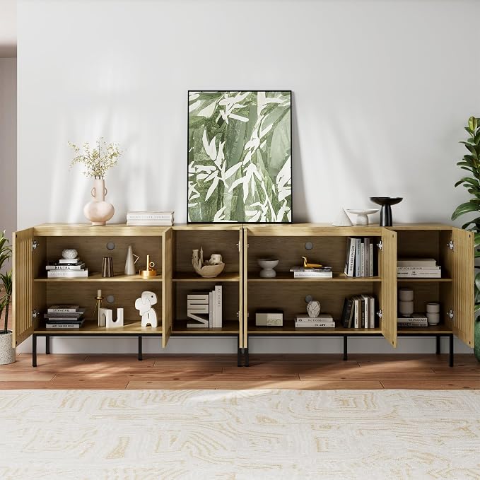 BVIUNTWO Buffet Cabinet with Storage,Set of 2 Farmhouse Console Table with Metal Base and Adjustable Shelves,Sideboard Coffee Bar Cabinet with 6 Doors for Kitchen,Dining Room,Living Room,Oak
