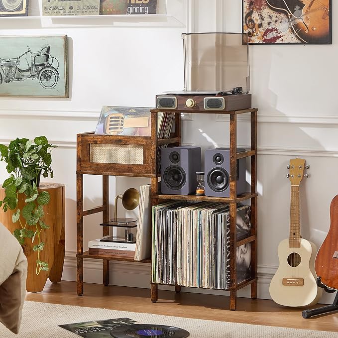 LELELINKY Record Player Stand, Vintage Brown Wood Record Holder with Vinyl Storage Holds up to 300+ Albums, 3-Tier Rattan Media Table with Vinyl Display Shelf, Record Storage Cabinet for Living Room