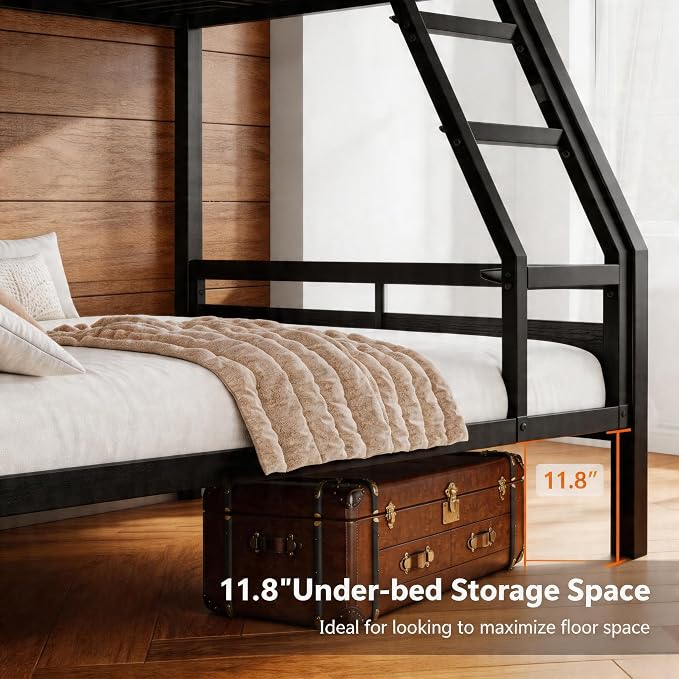 Einhomn Bunk Bed Twin Over Full, Heavy Duty Metal Bed with Ladder and Full-Length Guardrail, Large Under-Bed Storage Space, No Box Spring Needed, Noise Free, Black