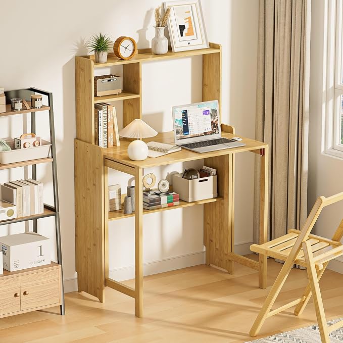 Bamboo Folding Desk with Bookshelf, Compact Computer Desk with Hutch for Small Spaces, Foldable Desk with Storage Shelf, Space-Saving Home Office Desk for Bedroom, Dorm, Apartment,Natural