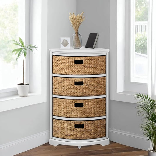 eHemco Hampton Meadows 4 Tier X-Side Corner Table Storage Cabinet, White | 4 Wicker Baskets