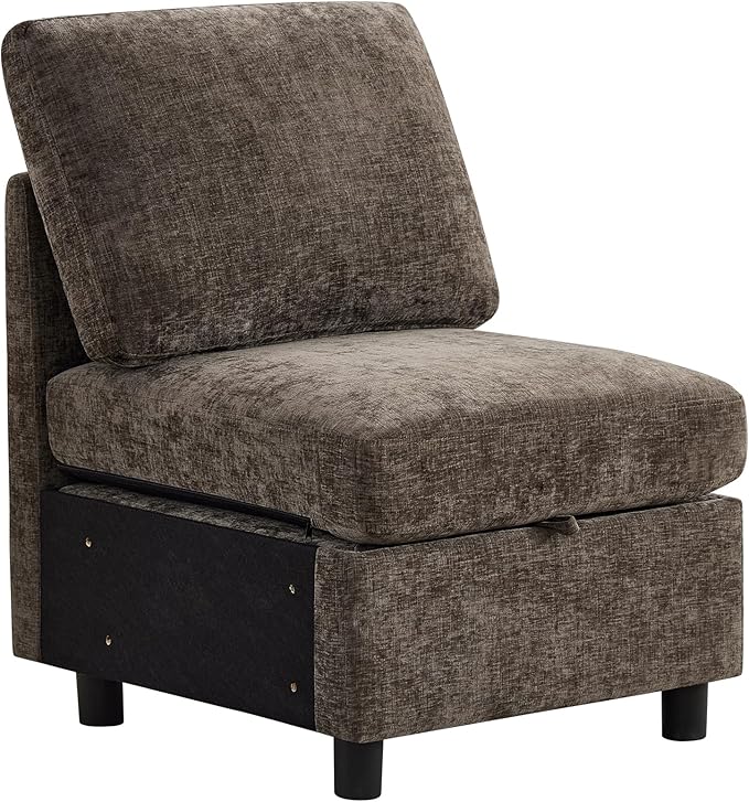 WUTUTUEE Middle Seat Module for Modular Sectional Couch Sofa, Living Room Accent Armless Sofa Chair with Storage & Pillow, Modern Side Sectional Middle Unit, Chenille Brown
