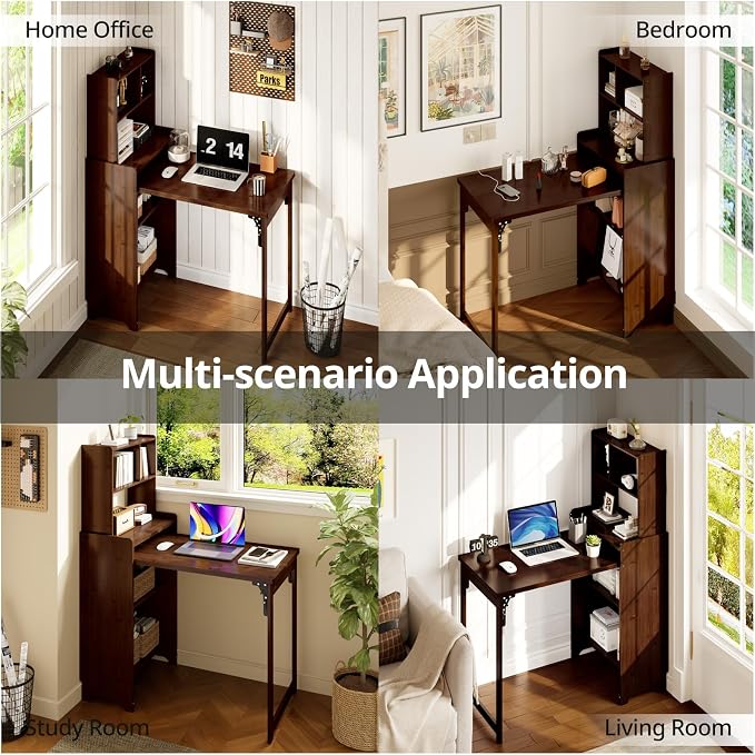 Bamboo Folding Desk with Bookshelf, Space-Saving Foldable Computer Desk with Storage Shelves for Small Spaces, Writing Study Table for Home Office, Bedroom, Dorm, Apartment, Brown