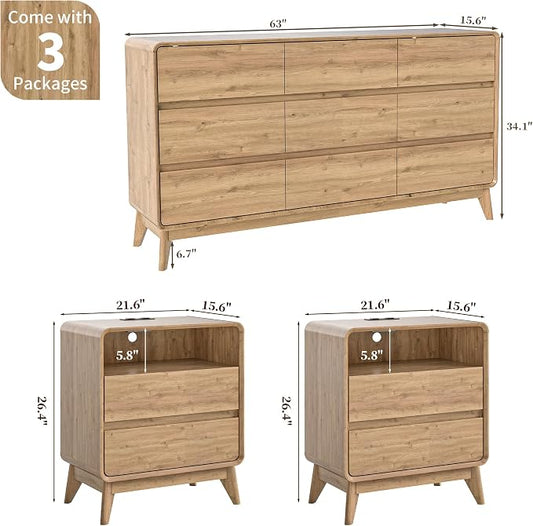 3-Piece Farmhouse Bedroom Storage Set, 9-Drawer Dresser & Nightstands Set of 2 with Charging Station, Handle-Less Design, Rounded Corners, Anti-Tip Safety Furniture, Natural