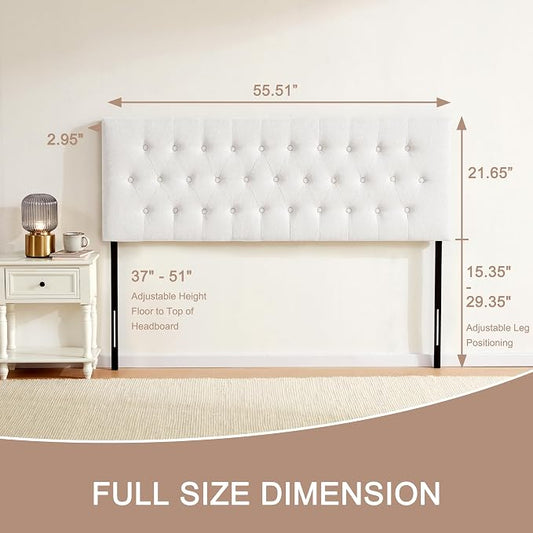 Tufted Upholstered Headboard Full Size, Adjustable Height 37- 51 in, White | Sturdy and Durable Solid Wood Full XL Headboard, Fabric Full Headboard Only, Modern Button Diamond Design Head Board