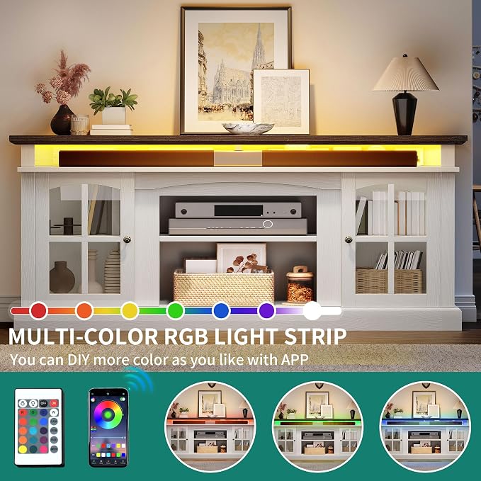 YITAHOME LED Farmhouse TV Stand for 75 Inch w/Outlets, Modern Entertainment Center with Glass Doors and Adjustable Storage Shelves, Media Console TV Cabinet for for Living Room, White/Black