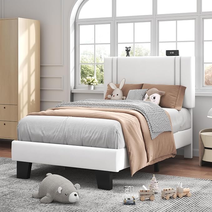 Feonase Twin Platform Bed Frame, Velvet Upholstered Twin Bed Frame, Solid Wood Slats & Heavy Duty Feet Support, No Box Spring Needed, Noise-Free, Easy Assembly, White