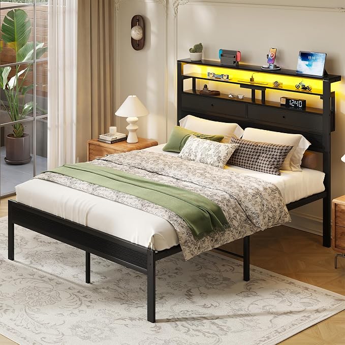 Sweetcrispy Bed Frame Queen Size with LED Lights and Charging Station, Sturdy Platform Beds Frame with Storage Drawers, 3-Tier Shelves and Under Bed Storage, No Box Spring Needed, Black
