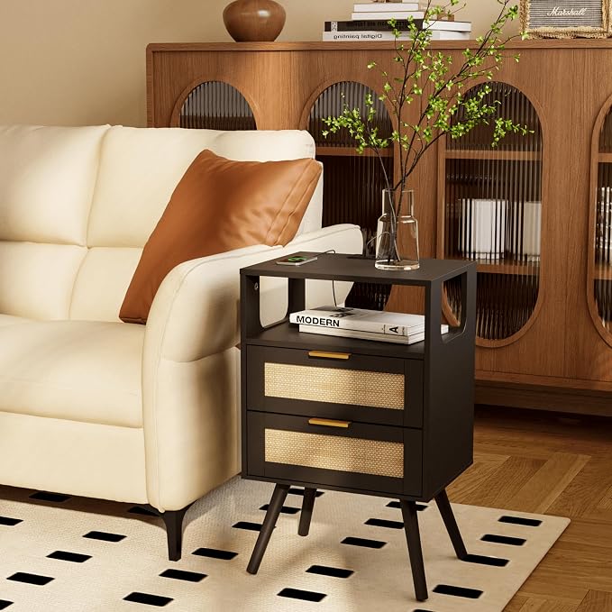 JOONEE Rattan Nightstand with Charging Station,Farmhouse Bedside Table with 2 Storage Drawer and Open Wood Shelf, for Bedroom and Small Spaces,Night Stand with Solid Wood Legs (Black-Outlet)