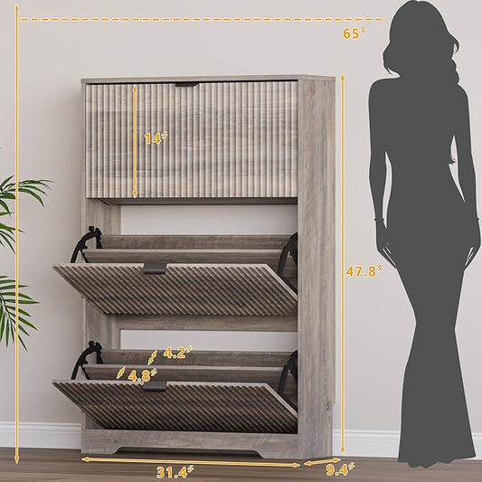 BORNOON Entryway Shoe Cabinet with 3 Flip Drawers, Narrow Shoe Organizer Cabinet with Fluted Panel and Adjustable Shelves for Foyer, Hallway