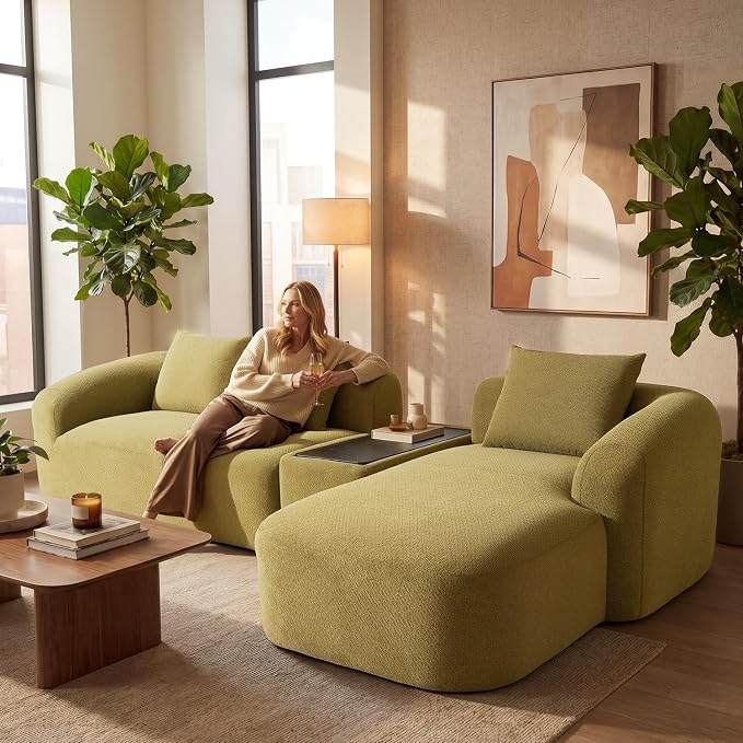 Relefree 136'' Modular Sectional Sofa, No Assembly Curved Sofa with Movable Coffee Table, High-Resilience Foam, Boneless Couch for Living Room, Oversized, Chenille, Thick Backrest, Green