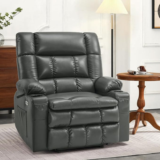 MCombo Extra Wide Dual Motor Power Lift Recliner Chair for Elderly, Zero Gravity Lift Chair with Heat and Massage, Infinite Position Recliners, USB Ports, Faux Leather R7897 (Grey, Medium-Wide)