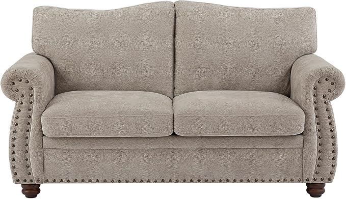 ONBRILL Nailhead Sofa, 66 Inch Small Couch with Rolled Arms, Chenille Fabric Loveseat w/Springs Seat Cushion, Vintage Curved Back, Turned Wood Legs, Comfy Couch for Living Room, Farmhouse, Beige