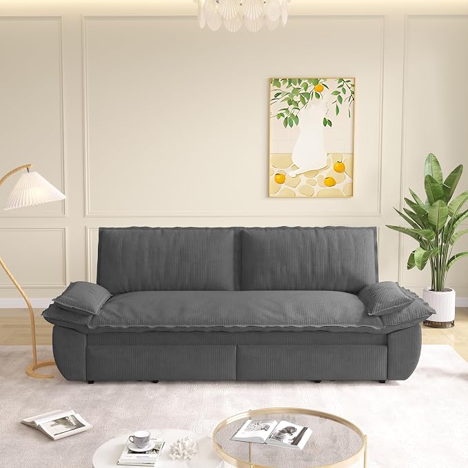 73.2" Sleeper Sofa Bed Queen Size, 3-in-1 Convertible Couch, Modern Pull Out Couches, Comfy Corduroy Futon Sofa, Cloud Loveseat Lounge, Pillow Arm, for Living Room, Apartment, Dark Grey