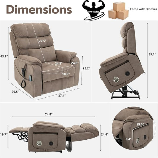 JIKFRIMA Power Lift Recliners Chairs for Elderly Adults Lay Flat Recliner with Heat & Massage, Wireless Charging Device, USB Ports, Cup Holder, Lumbar Pillow, 400Lbs(Velvet Fibric,Light Brown)