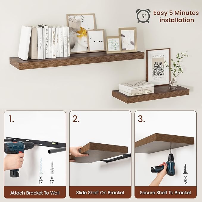 Vivelove Wide Floating Shelves for Wall 12 Inch Deep, 30" X 12" X 2" Floating Shelf, 2 Inch Thick Shelf for Living Room Bathroom Bedroom Kitchen Book Room, Rustic Farmhouse Decor Set of 2, Walnut