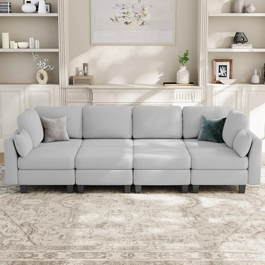 Sectional Sleeper Sofa, 8 Seaters Modular Sleeper Sofa Couch, Comfy Sectionals Couches Bed, Convertible Sofas with Ottomans, Modular Sectional Couches for Living Room, Light Grey