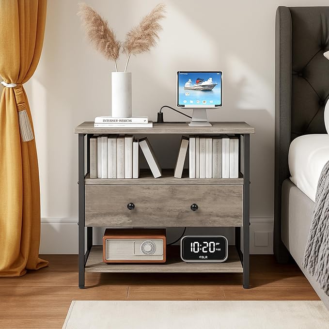 Edbuosy 27 Inch Wide Night Stand with Charging Station, Wood Nightstand with Open Shelf, Large Drawer Bedside Table for Living Room/Bedroom/Office, Rustic Gray