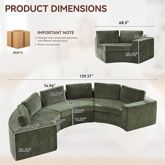 WUTUTUEE 139'' Curved Round Boneless Couch, Oversized Cloud Sofa with Deep Seat & Arms, Chenille Modular Sectional Sofa with Pillows, Upholstered Comfy 6 Seat Couch for Living Room, Green