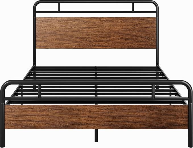 SHA CERLIN Queen Size Bed Frame with Wooden Headboard and Footboard, Rounded Corner Metal Structure, Heavy Duty Slats with Under-Bed Storage, No Box Spring Needed, Walnut