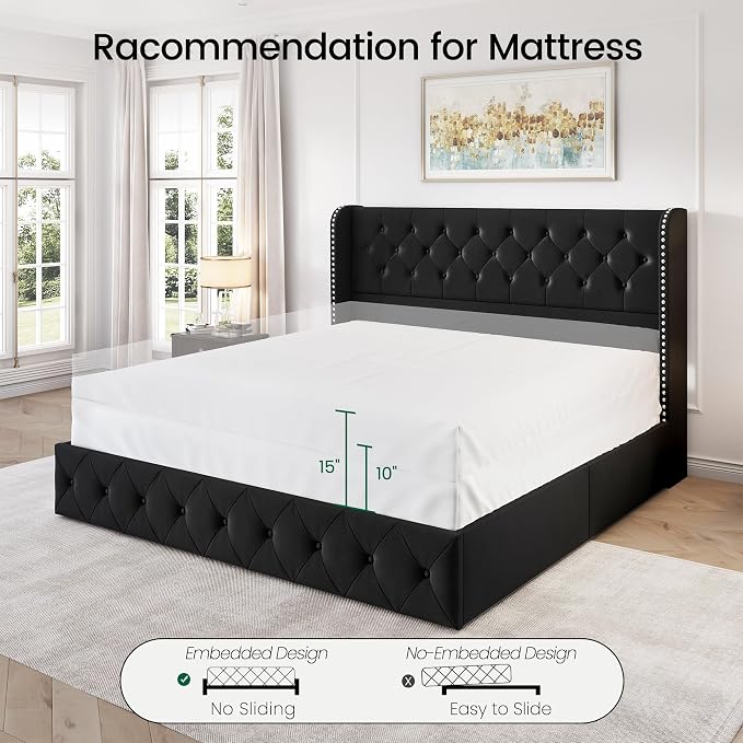 LARMACE King Size Bed Frame with 4 Storage Drawers and 47.2" Tall Tufted Headboard Velvet Upholstered Platform Bed Frame Wingback Beds with Wooden Slats Support, Easy Assembly, Black