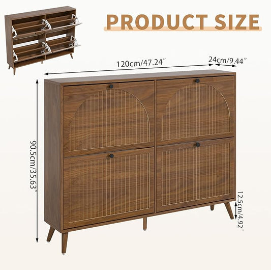 Fsbecl Shoe Storage Cabinet for Entryway with 4 Flip Drawers, Narrow Shoe Organizer with Fluted Panel, Freestanding Wood Hidden Shoe Cabinet (Walnut, 4 Flip Drawers)
