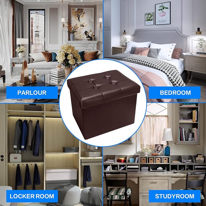 Bsketa Storage Ottoman, Folding Foot Stool with Thicker Foam Padded Seat Small Leather Storage Ottoman Bench Foot Rest for Living Room Foldable Coffee Table 17x13x13in,Brown