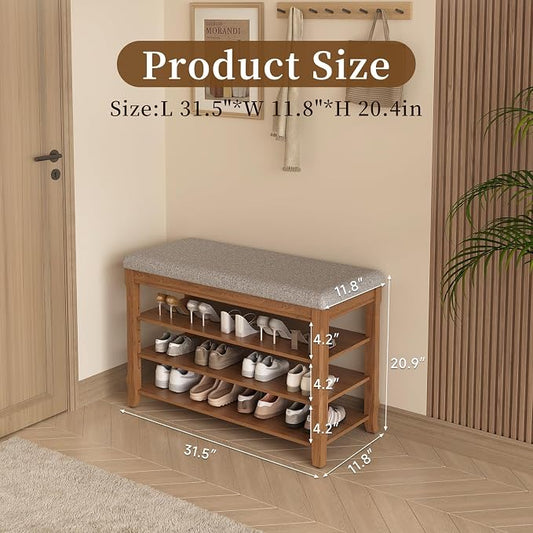 Solid Wood Shoe Bench with Storage, Flip-Top Soft-Close Lid, Adjustable Shelves, Cushioned Entryway Shoe Rack Organizer, 31.5”
