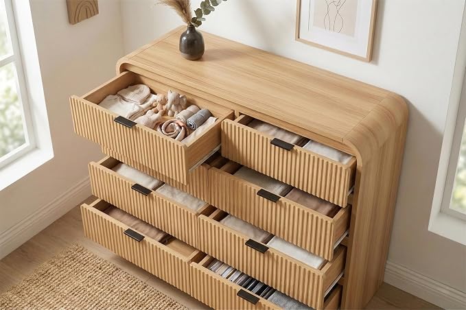 FURSUN Fluted 8 Drawers Dresser for Bedroom, 55" Wide Wooden Dresser with Metal Handle, Curved Profile Design, Modern Storage Organizer for Bedroom, Living Room, Hallway, Natural Oak
