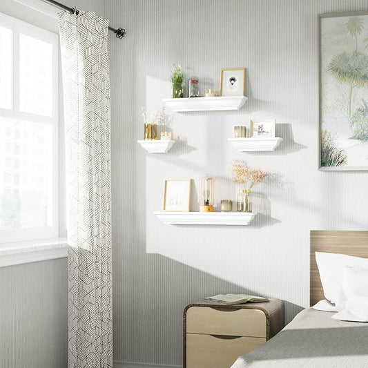SRIWATANA White Floating Shelves, 24 Inch Solid Wood Storage Wall Shelves Set of 4 Display Ledge Shelves Decor for Bedroom, Living Room, Bathroom, Kitchen